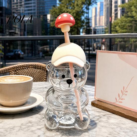Removable Straw Heads Cute Bear Glass Cup with & Lid, 500/591ml Plastic/Glass Water Bottle for Cold/Hot Drinks, Pattern Coffee Mug Adults, Home Office