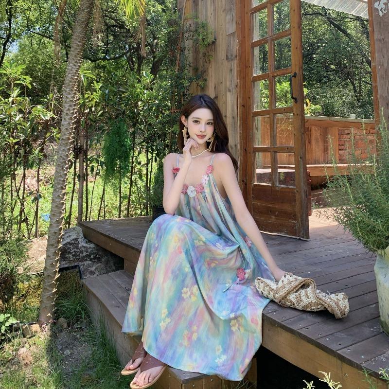 Summer Dopamine Seaside Vacation Dress Oil Painting Painting Printing Suspender Skirt Female Feeling Photo Long Skirt