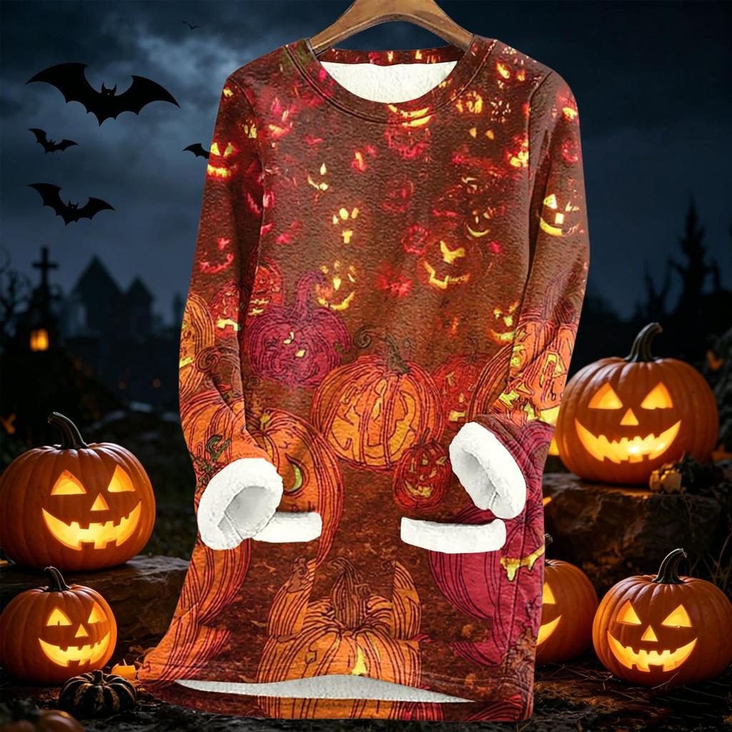 Womens Long Sleeve Fleece Lined Pullover Dress Halloween Pumpkin Print Thick Sherpa Sweatshirt Tunic for Fall Winter