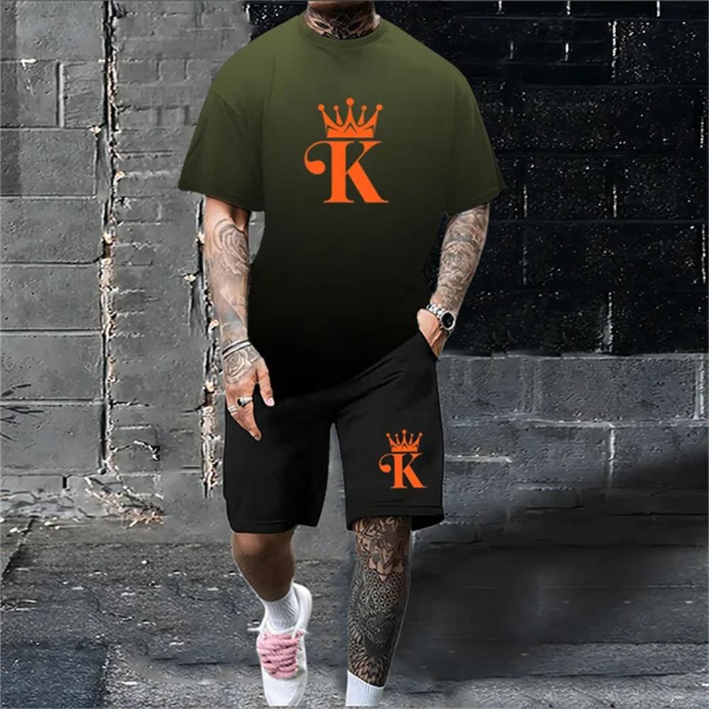 

Мужской летний комплект свободного размера с принтом в виде буквы K и объемным рисунком, повседневный и удобный, с круглым вырезом и коротким рукавом, футболка y2k 3XL