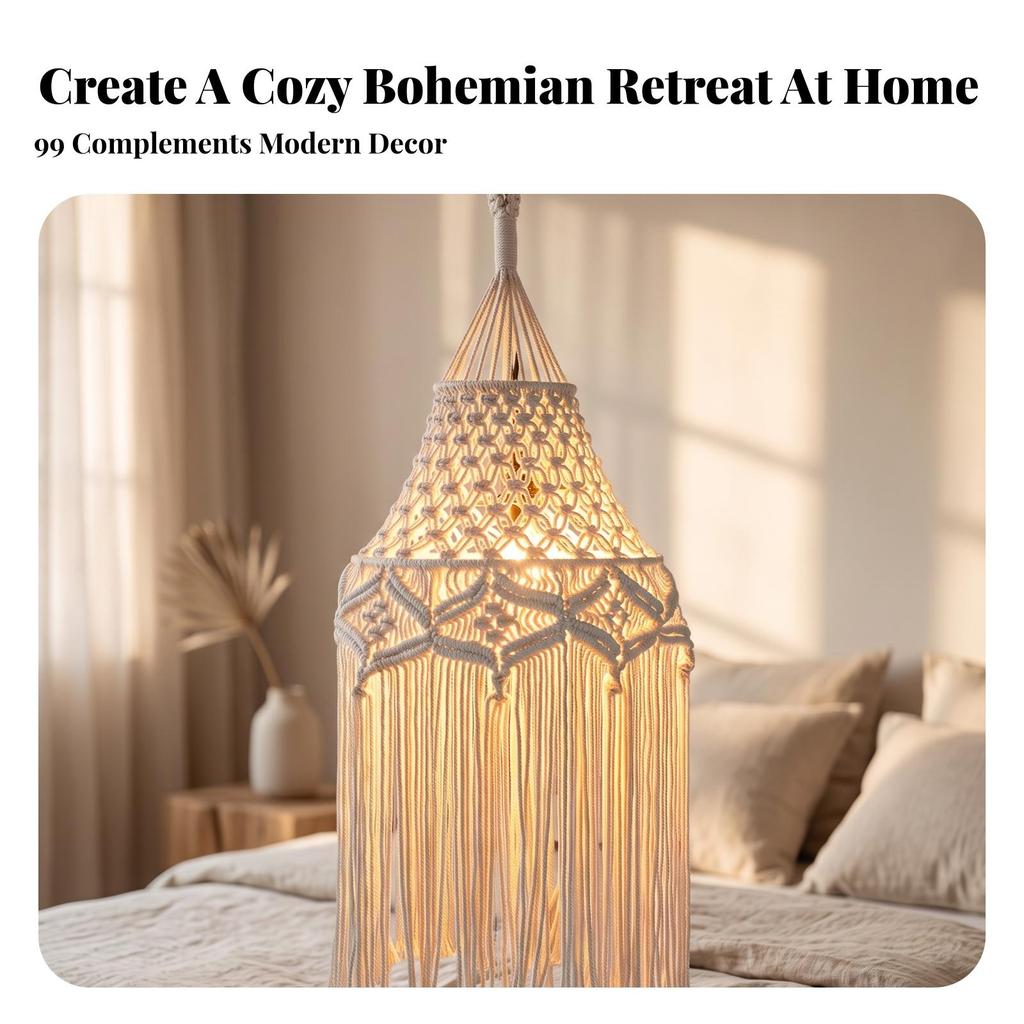 Macrame Lamp Shade Handwoven Boho Light Openwork for Bedroom, Reading Nook