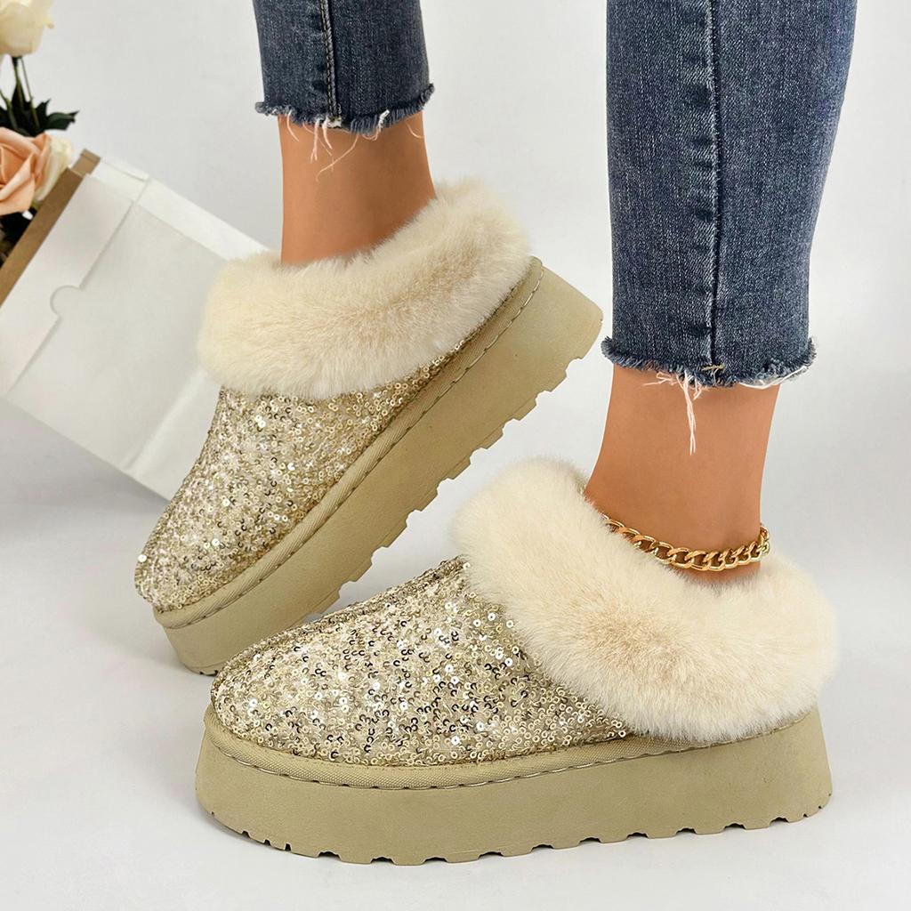 Fashion Luxury Sequined Fabric Non Slip Snow Boots Women 2025 Winter Comfort Fur Thick Bottom Ankle Boots Warm Short Plush Booties