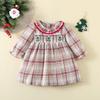 Girls Red Plaid Long Sleeve Dress Christmas Embroidered Smocked Princess Party Gown For Baby Toddler Holiday Outfit