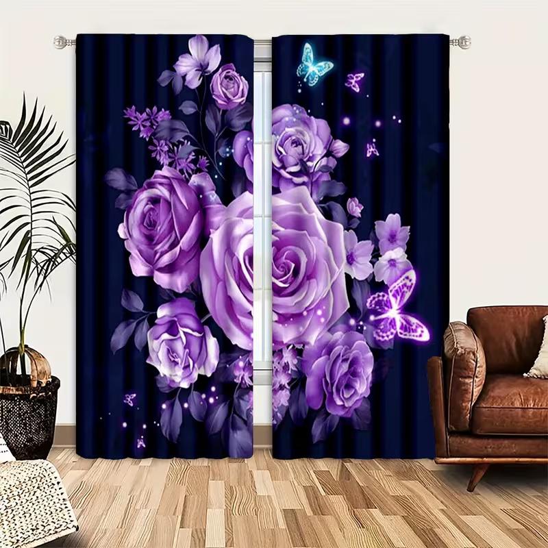 

2 Pcs Purple rose butterfly print curtains,suitable for bedroom,living room kitchen decoration,home decoration,window decoration 14Wx39L(35x100CM)x2&Rod Pocket