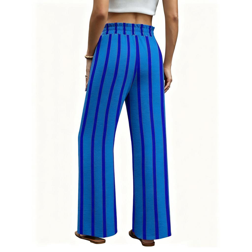 Pantaloni da Donna a Gamba Larga a Righe con Coulisse in Vita, Elastico e Vestibilità Rilassata per Uso Casual e Quotidiano