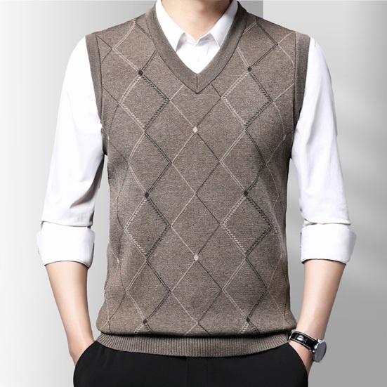 Heren gebreid vest herfst winter V-hals geometrische ruit effen kleur warm winddicht zacht casual mannelijk vest mouwloos top