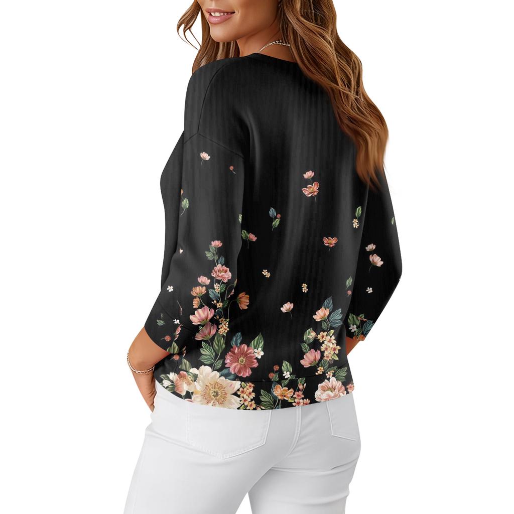 Women's Fashion Long Sleeve Plaid Geometric Print Top Elegant Casual Top