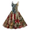 Women’s Sleeveless Vintage Floral Print Off Shoulder Dress with Flag Pattern for Summer Casual Wear
