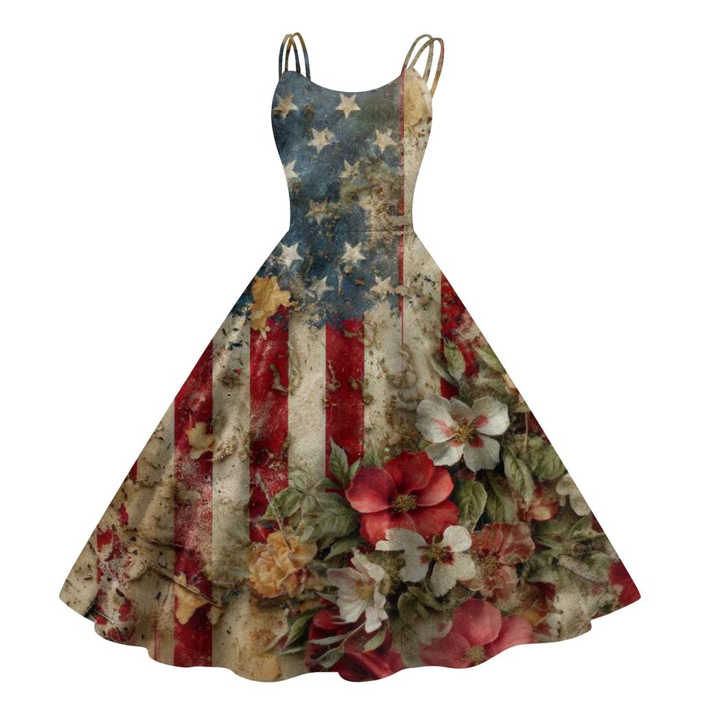 Women’s Sleeveless Vintage Floral Print Off Shoulder Dress with Flag Pattern for Summer Casual Wear