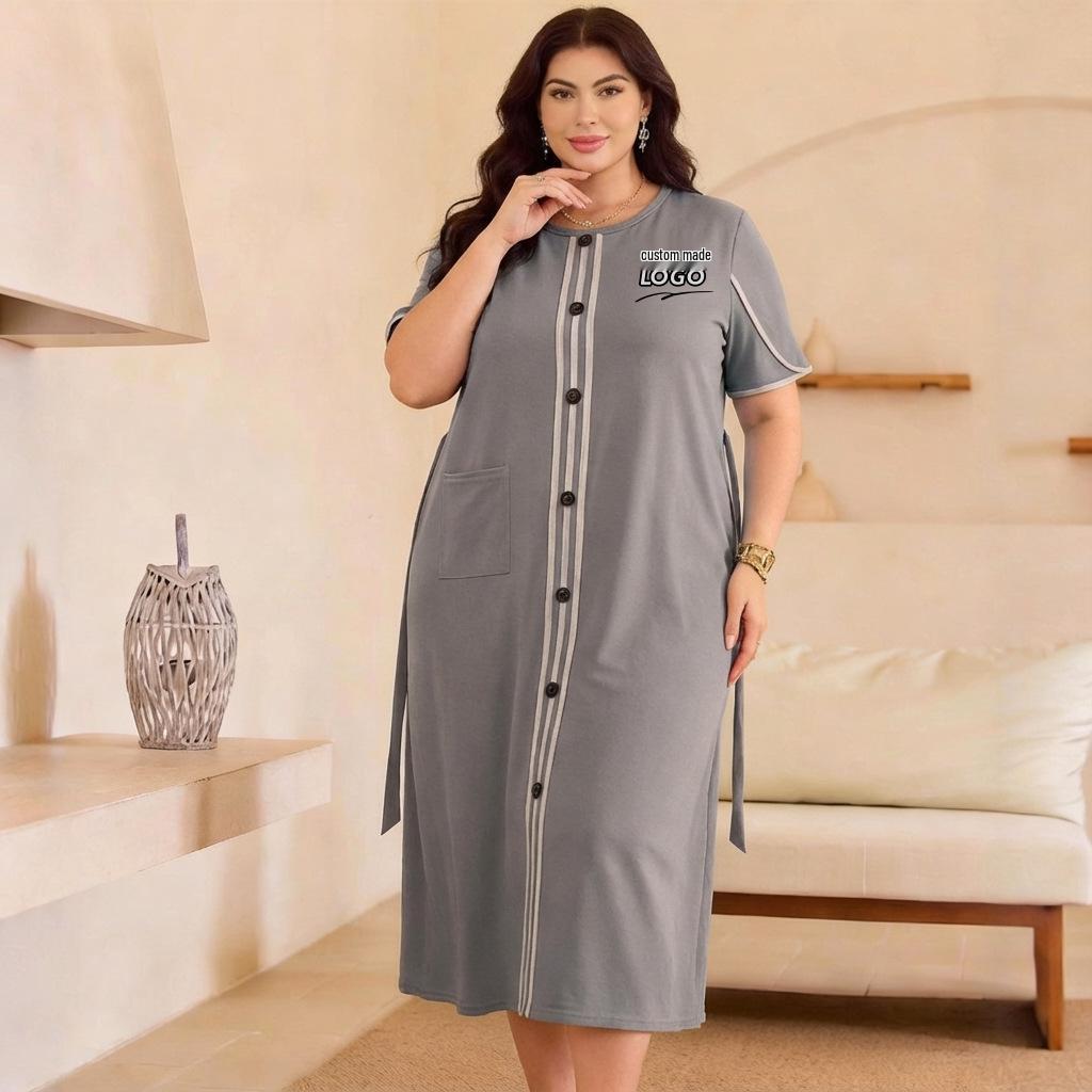Plus Size Milk Silk Short Sleeve Long Nightgown Dress