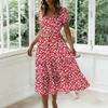 Abito Lungo Casual alla Moda da Donna con Scollo Quadrato, Maniche a Sbuffo, Stampa Floreale, Leggero Abito Midi Estivo con Vita Elastica e Gonna a Balze