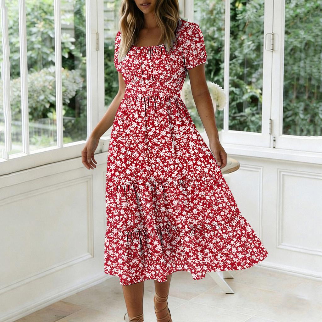 Abito Lungo Casual alla Moda da Donna con Scollo Quadrato, Maniche a Sbuffo, Stampa Floreale, Leggero Abito Midi Estivo con Vita Elastica e Gonna a Balze
