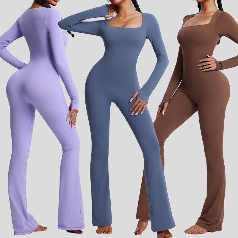 European and American Kardashian Style Yoga Bodysuit Long Sleeves One-Piece Yoga Clothes with Chest Pad Horn Tight One-Piece