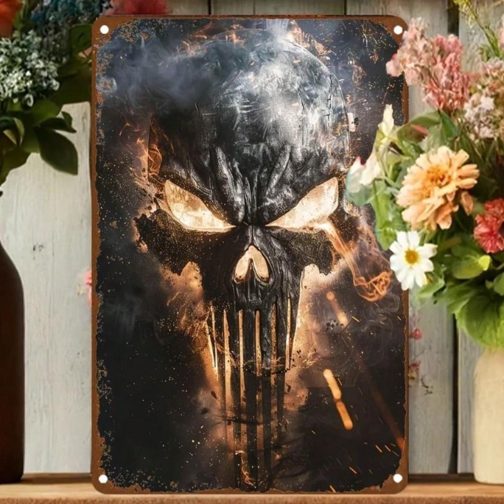 Metal Wall Art Skull with Flames Decor for Bar Room 20x30 Cm