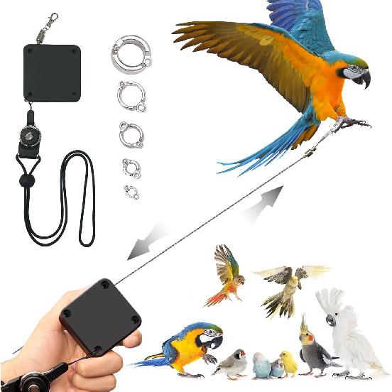 Retractable Bird Leash,Parrot Flying Rope,Anti-Bite Wire Rope Parrot Leash,Adjustable Bird Leash Harness for Training,with 5pcs Alloy Foot Rings,for