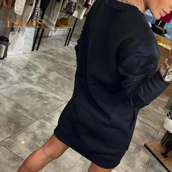Damen-Sweatshirtkleid mit zwei Taschen, Rundhalsausschnitt, langen Ärmeln, einfarbig, lockeres Minikleid, Pullover, für den Alltag, lässiges kurzes Kleid