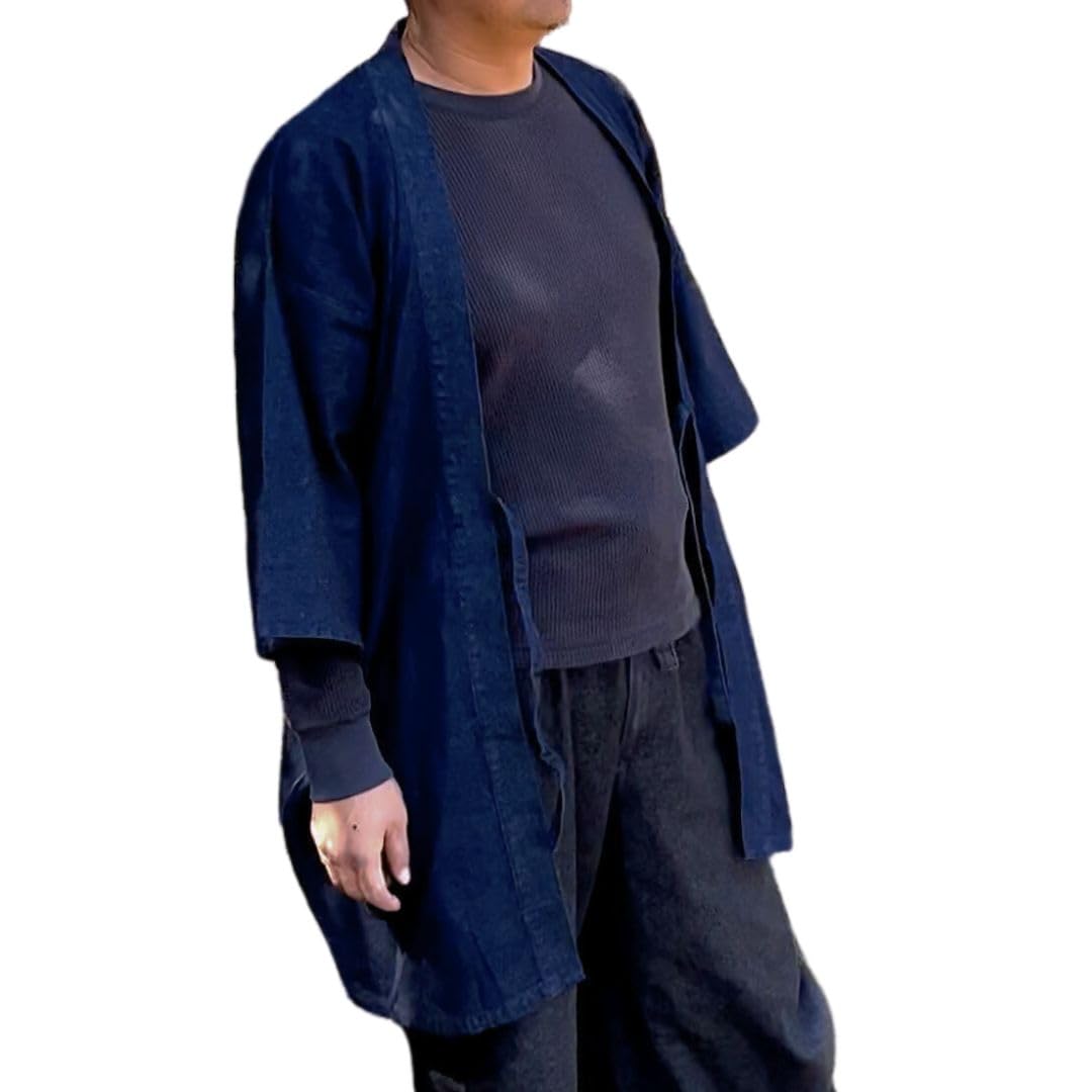 

Happy Denim Long Happi One Size Fits Most [Edo Ten] Ткань, Hanten, Нижнее белье, Пальто, 3WAY, 100% Хлопок, Мужская, Женская, Однотонная, Темно-синяя,