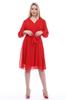 Women's Big Size Dress Red Double Breasted Neck Short Lined Plus Size Chiffon Dress