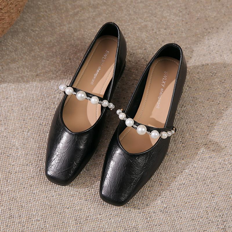 Spring New Simple Fashion Square Head Pearl Word with Shallow Mouth Single Shoes Versatile Fashion Mary Jane Shoes Women