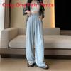 Cotton Blend Relaxed Wide Leg Pants With High Waist For Casual Summer Wear