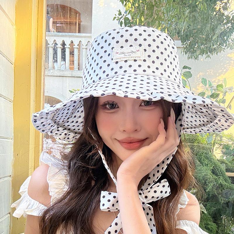 Cute Polka Dot Bucket Hat Wide Ruffled Brim Uv Protection Summer Beach Travel Outdoor Use