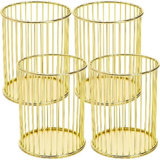 Yopay 4 Pack Pencil Cups, Round Wire Metal Pen Cups Makeup Brush Holder, Cylindrical Desktop Organizer Office School Home Supplier, Golden, 3.94  H