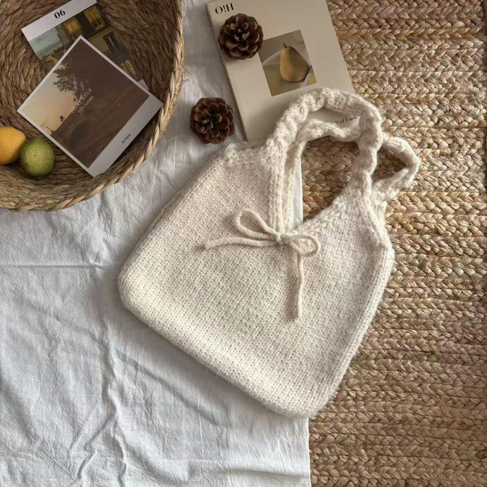 Twists Bow Knitted Handbag Soft Knitted Wrist Bag Casual Knit Shoulder Bag  Shopping Bag белый