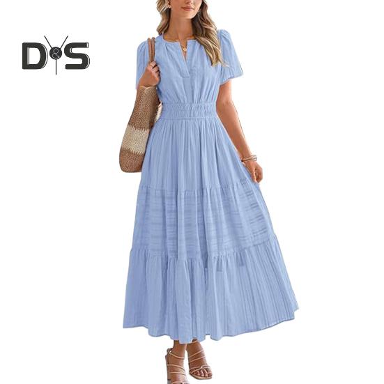 Women's Summer Maxi Dress Casual V-Neck Short Sleeve Tiered Flowy Dress Smocked Waist Pleated Long Dress