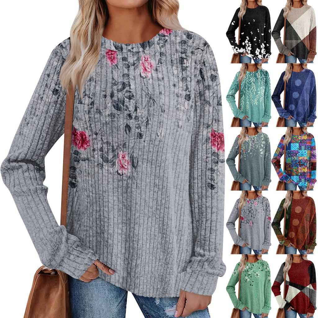 Women's Printed Lightweight Brushed-Cotton Round Neck Top