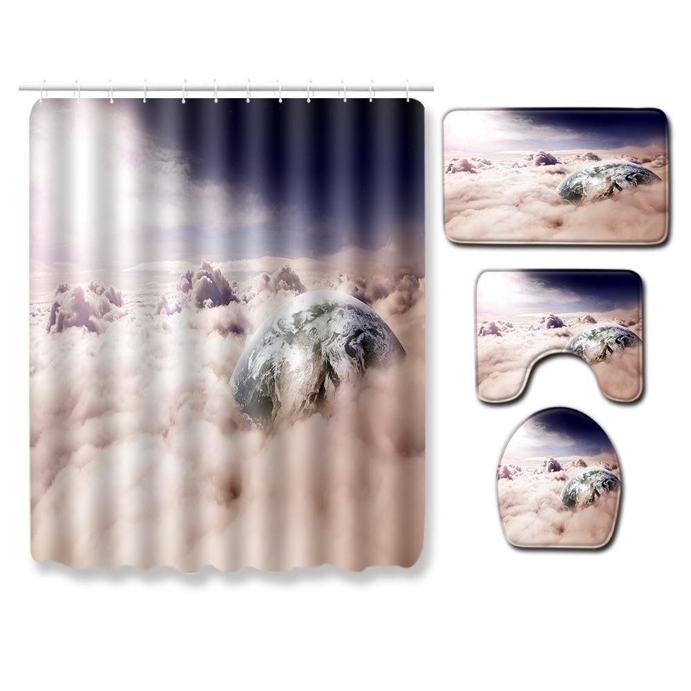 Landscape Shower Curtain Floor Mat Combination Four-Piece Set Bathroom Toilet Carpet Shower Room Mat Foot Mat
