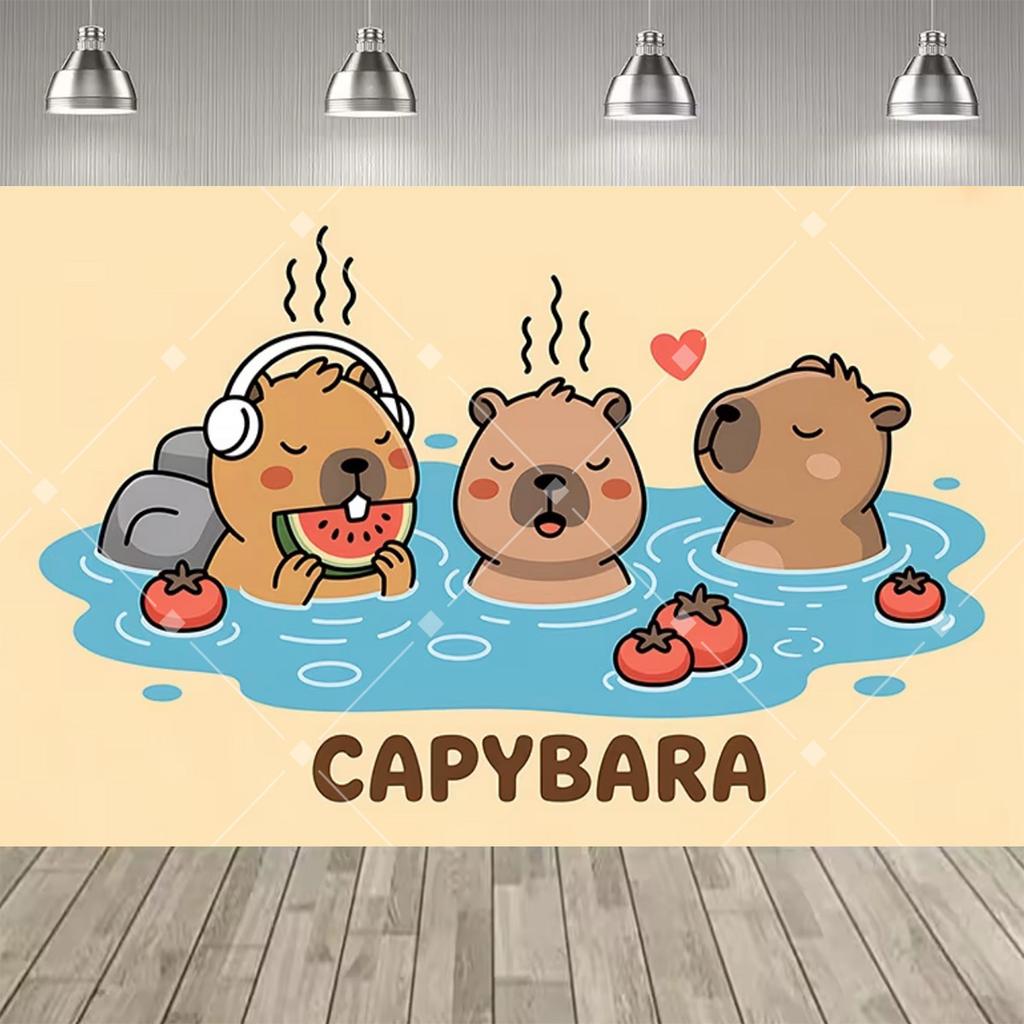 Lindo Fondo Temático de Fiesta de Capibara y Conejo de las Indias, Pancarta con Estampado de Pastel y Globos de Colores para Decoración de Fiesta Infantil