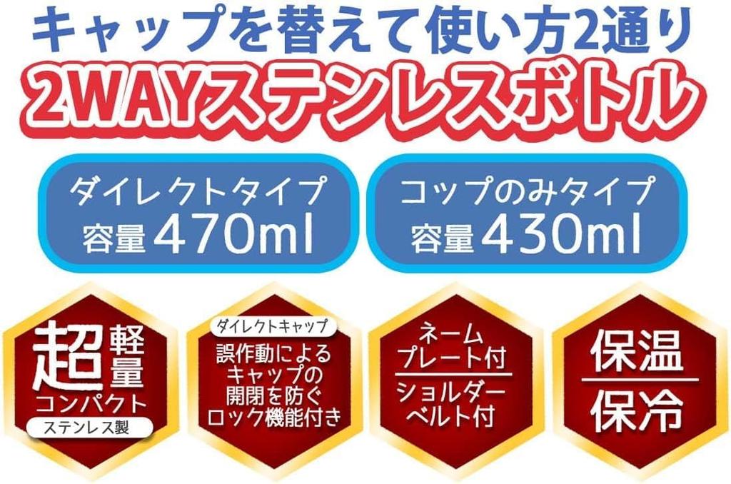 Skater Water 470ml or 430ml 23 Years Stainless Sports Children's Bottle, 2-Way, (Direct Drinking) (Cup Drinking), Licca-chan, Old, Steel, Insulated,