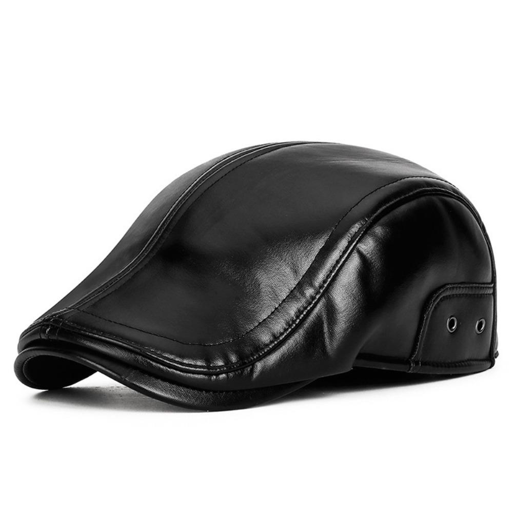 PU Leather Middle-aged Elderly Duck Tongue Hat Short Brim Flat Visor Cap Newsboy Flat Cap  Autumn