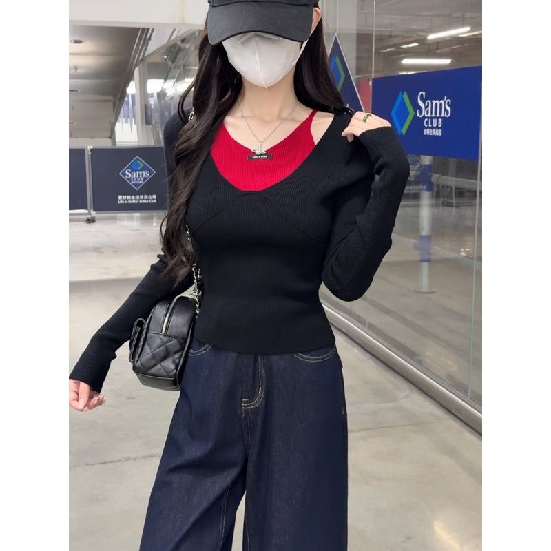 Kumikumi Pure Desire Style Sexy Temperament Fake Two Pieces Long sleeve Knit Women Autumn Waist Hugging Slimming Versatile Top
