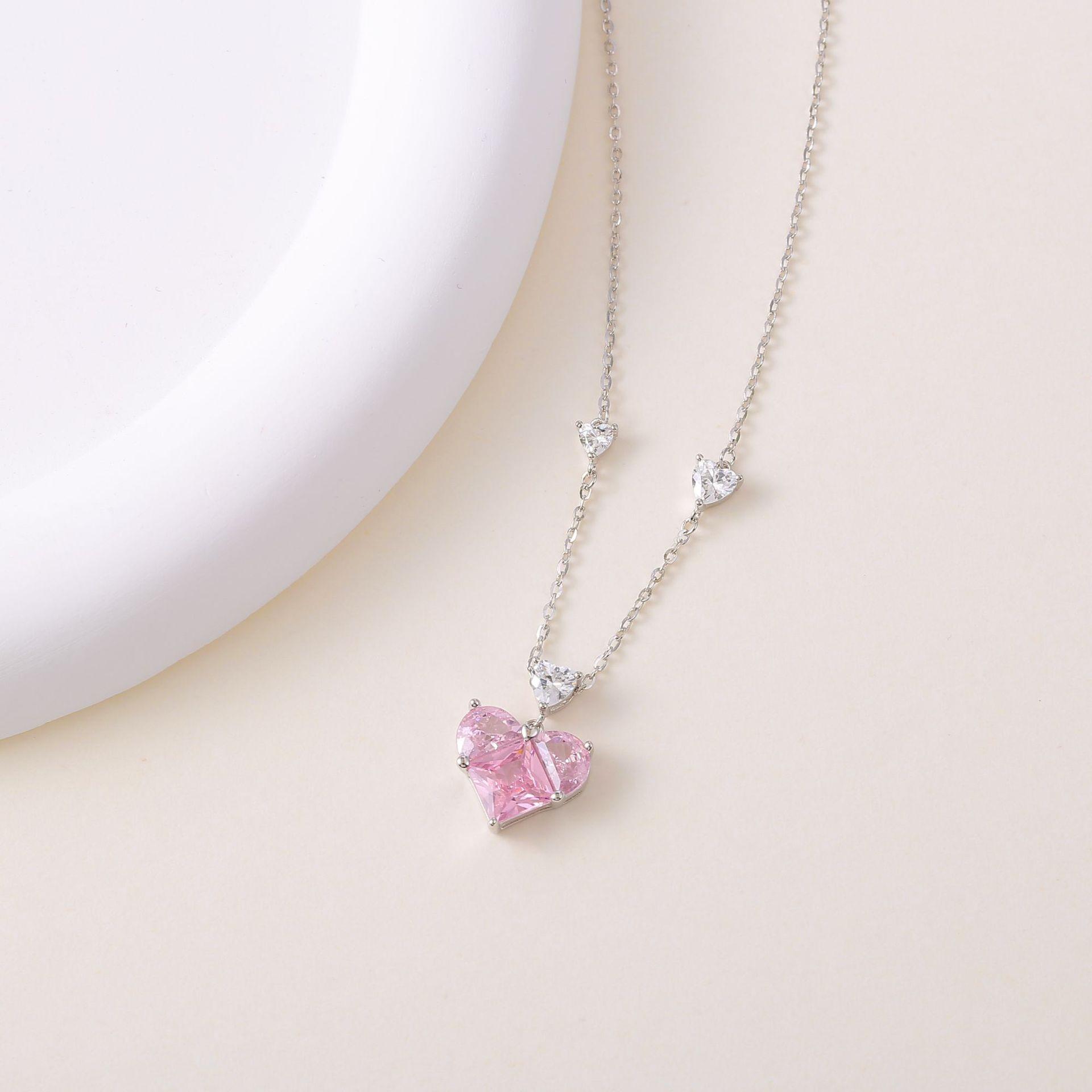 Elegant S925 Sterling Silver Pink Zircon Heart Clavicle Necklace 925 Silver