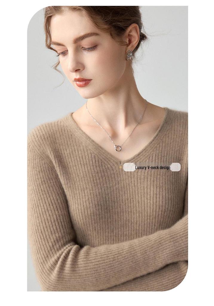 Damen Schlank geschnittener V-Ausschnitt 100% Kaschmir Pullover - Langarm, Einfarbig, Herbst/Winter Vielseitige Strickschicht