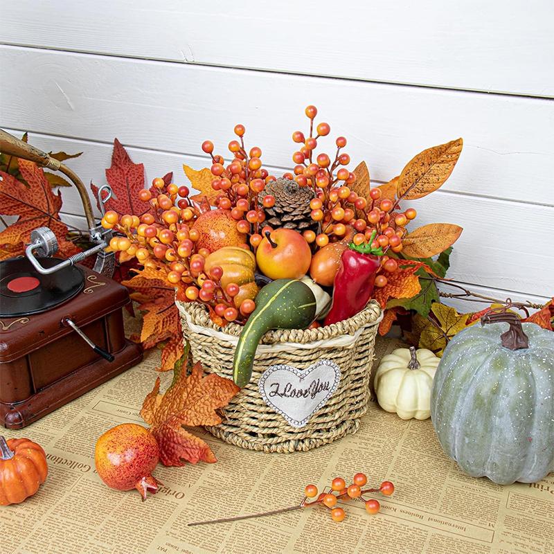 10Pcs Artificial Fall Berry Stems Branche Faux Orange Plant Arrangements for Autumn Thanksgiving Home Table Christmas Decoration