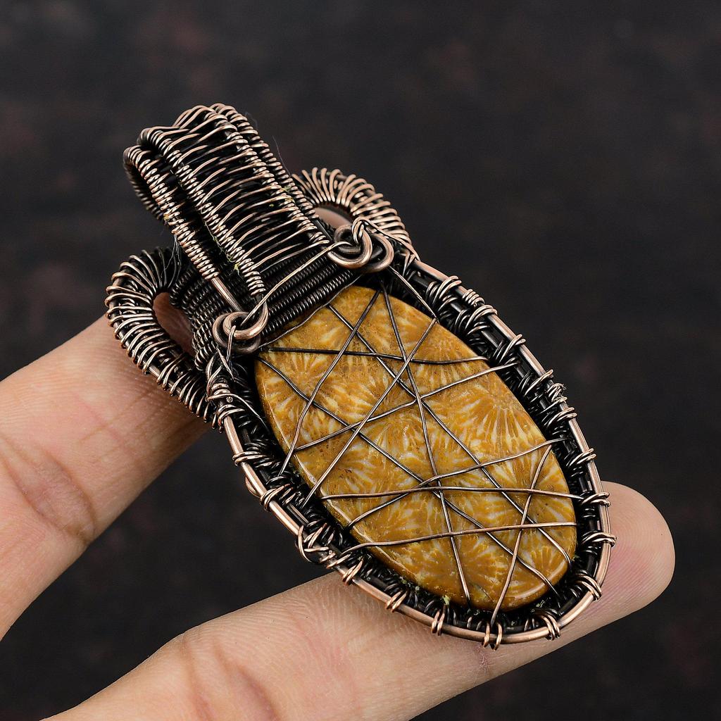 Fossil Coral Pendant Copper Wire Wrapped Pendant Gemstone Copper Jewelry Handmade Pendant Wire Wrapped Jewelry Wedding Gift Designer Pendant