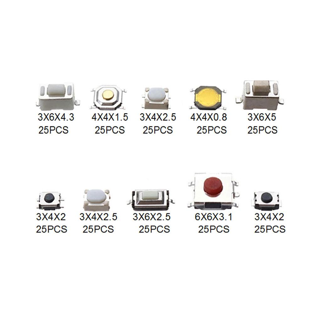 250Pcs 10-Types Tactile Push Button Switch Car Remote Control Keys Tablet Actile Push Button Touch Microswitch Assortment Kit