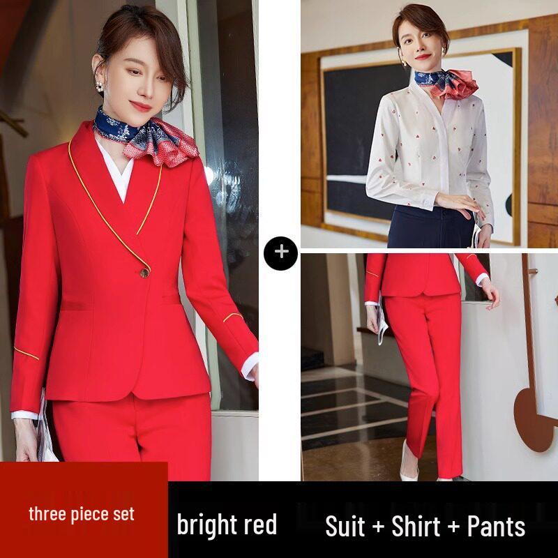 China Southern Airlines Flight Attendant Professional Suit: High-End Rose Red Vest and Dress Reception Uniform