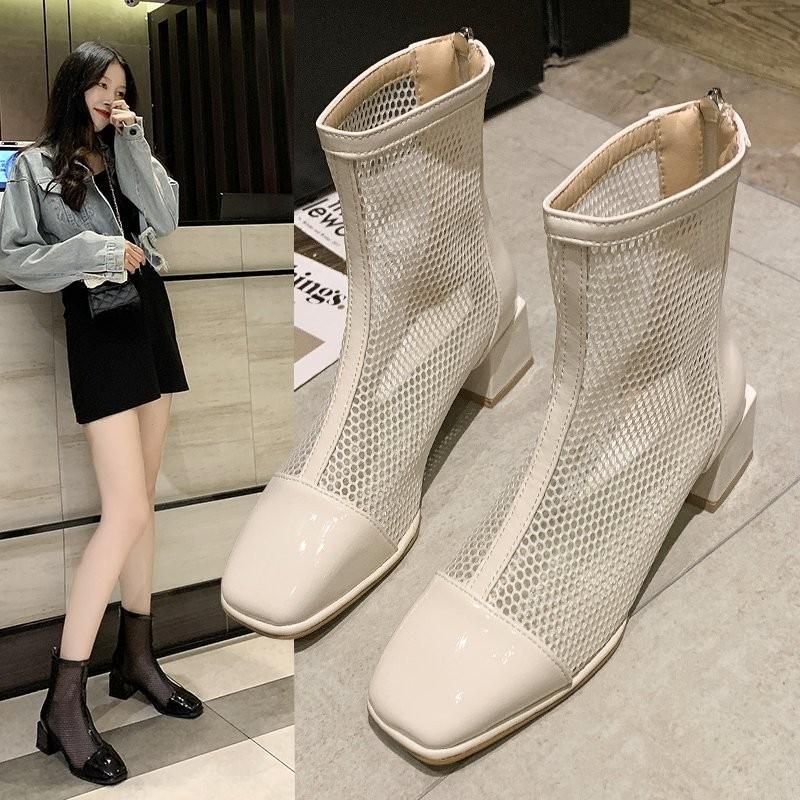 Coarse heel square head women's shoes mesh yarn Roman Korean version fashion square buckle rear zipper Gaobang mother single shoes cool boots