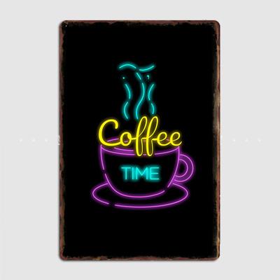 Neon Nahrungskreislauf Es ist Kaffeezeit Metallposter Schild Club Garage Wandkunst Plakette Blechschild Raumdekoration Heimdekor