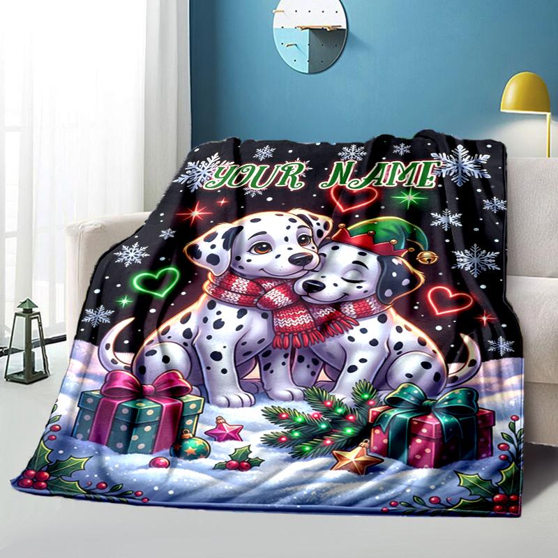 1PC Custom Name Dalmatian Puppies Christmas blanket versatile,all-season throw suitable for the living room,bedroom,camping,travel,and gift