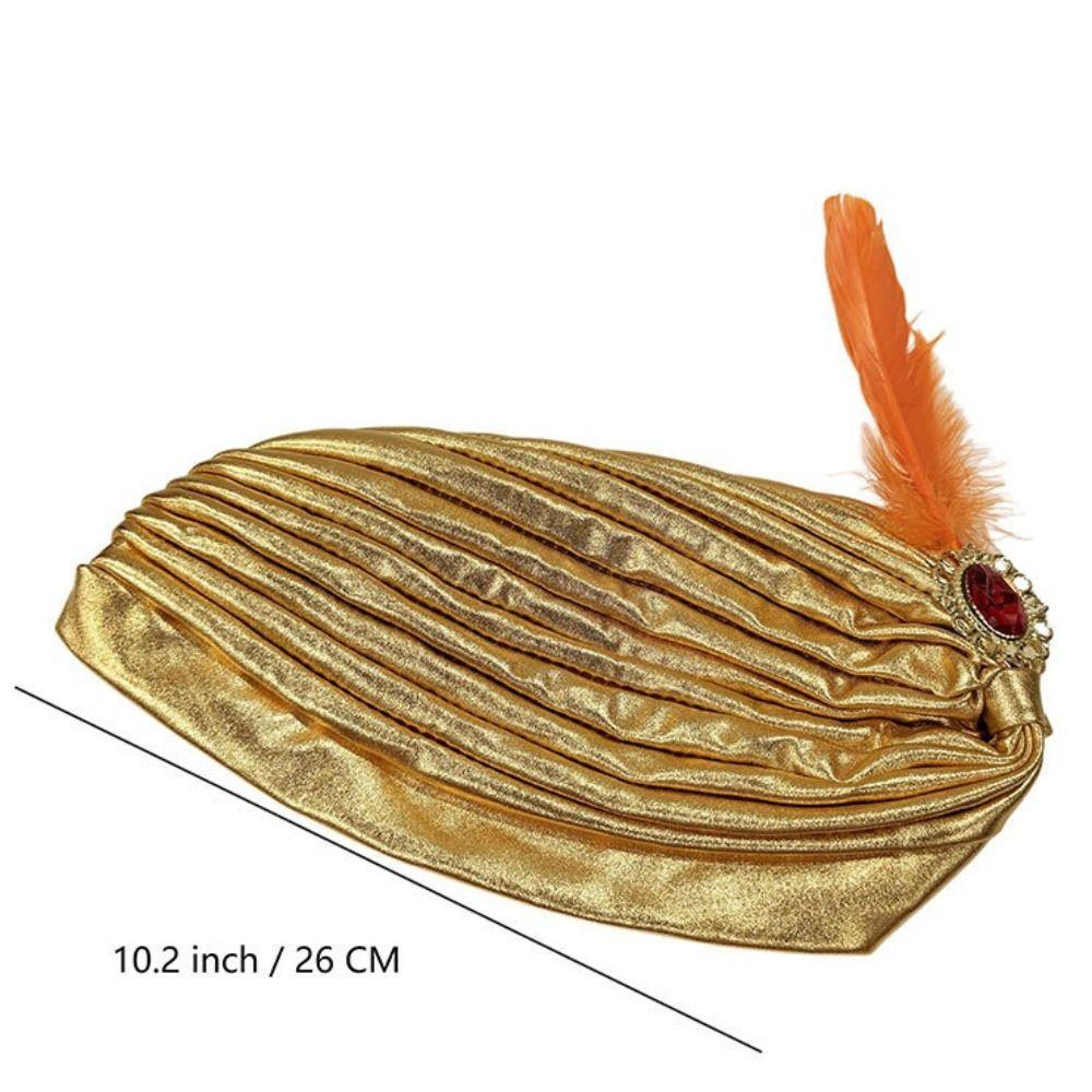 Rhinestones Feather Turban Hat Dress Up Indian Pleated Cap Arab Pleated Turban Costume Accessory