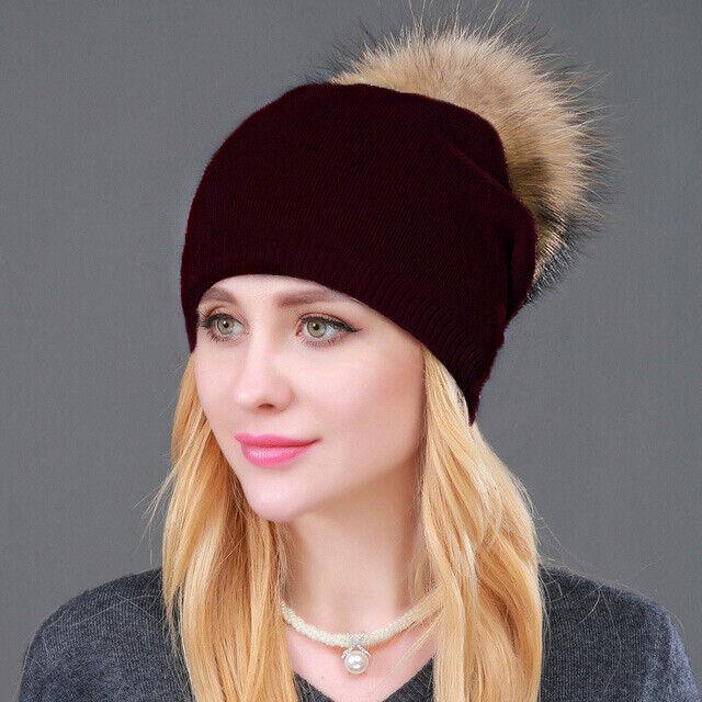 Women Winter Warm Cashmere Wool Knitted Real Fur Pom Pom Ball Beanie Hat