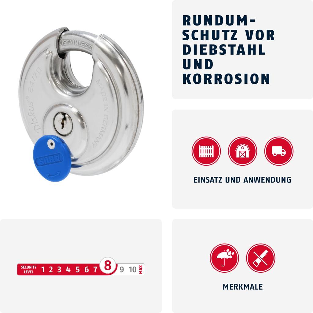 ABUS Discus Cylinder Stainless Heavy-Duty Padlock, Steel, 24IB-70