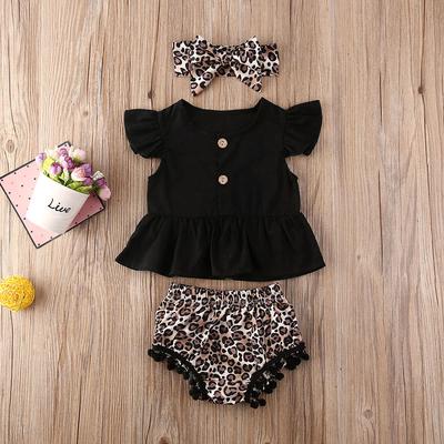Kids Girl Sleeveless Shorts Suits Girl Ruffles Sets & Headband Leopard 3 Piece Sets for Girl Black Top and Shorts Suits