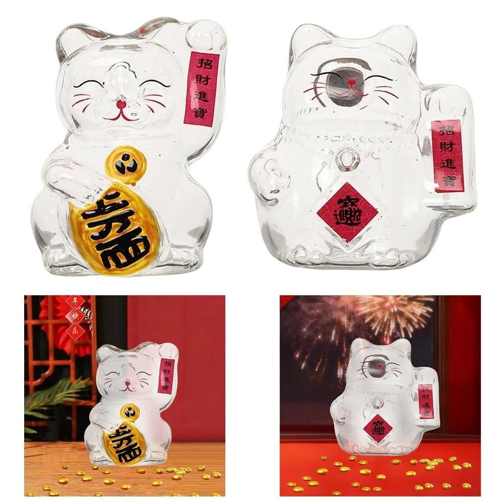 Cute Lucky Cat Piggy Bank Clear Glass Gold Bean Container Cat Shape Saving Jar  Office Decor