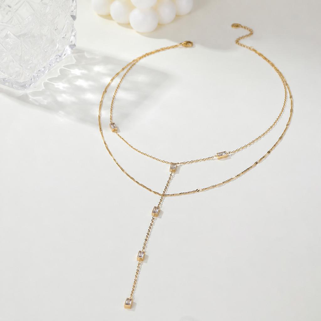 Trendy Water-resistant CZ Geometric Lariat 2-layers Necklace Stainless Steel Delicate 18K PVD Gold Plated Charm Fashion Jewelry