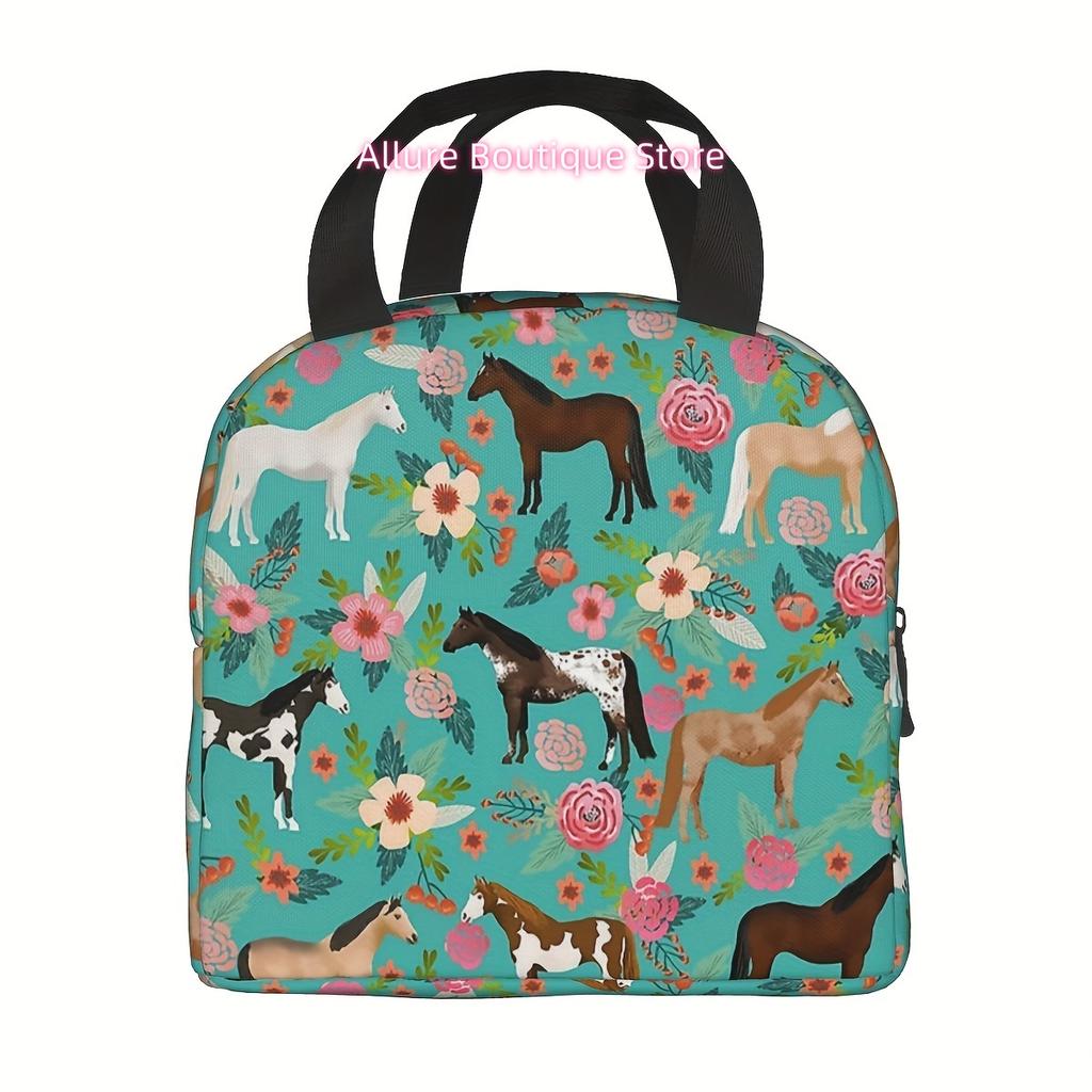 1 Stück DRONENPILOT Isolierte Lunchtasche, Blumen- & Mehrfarbiges Pferde-Design, Wasserdichte Oxford-Stoff Kühlertasche, Handwaschbar Therma